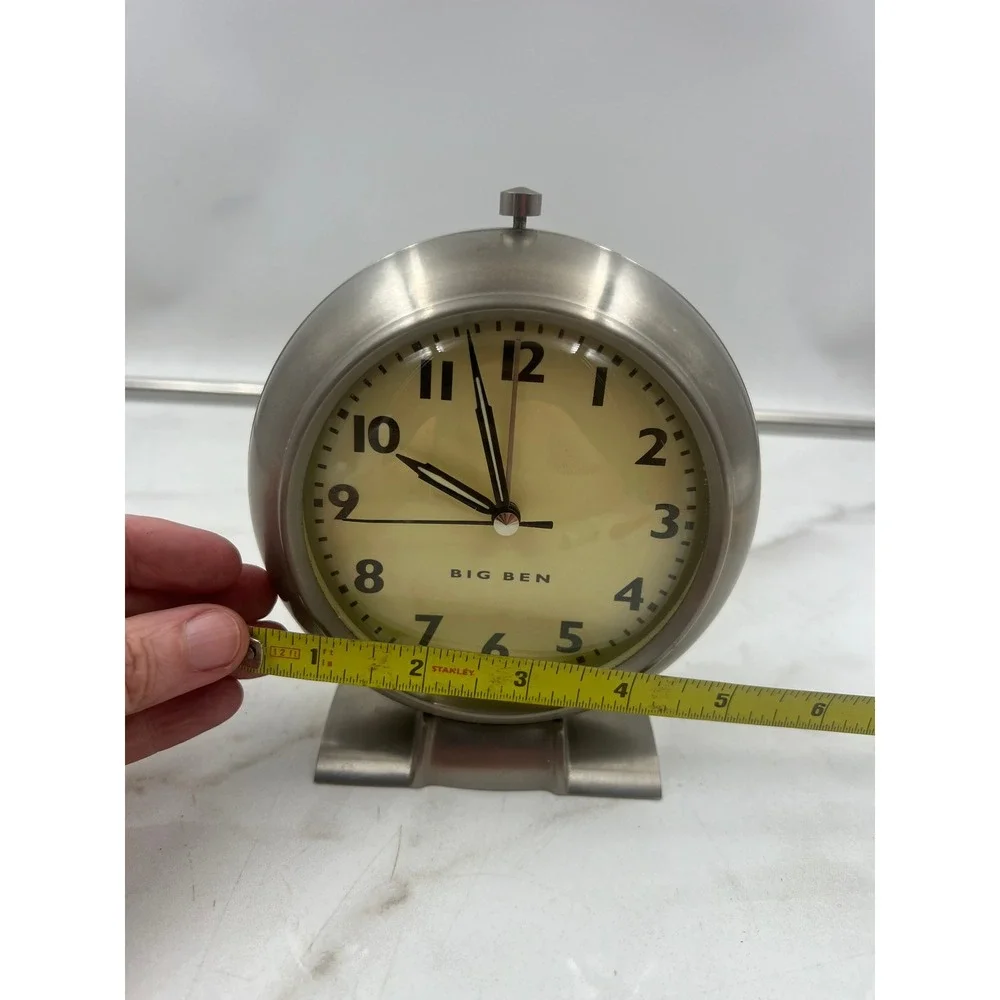 Big Ben Alarm Clock Brushed Silver Metal Round Battery Operated Cream Dial